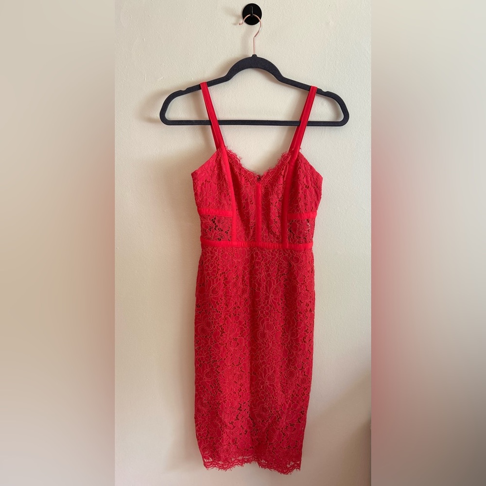 EXPRESS RED MIDI DRESS LACE DETAIL - SIZE 0 - WEDDING GUEST / COCKTAIL DRESS
